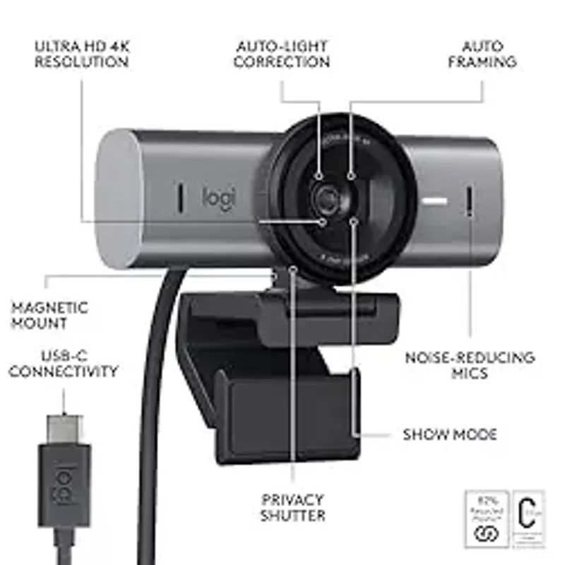 Logitech MX Brio Ultra HD 4K Collaboration and Streaming Webcam, 1080p at 60 FPS, Dual Noise Reducing Mics, Show Mode, USB-C, Webcam Cover, Works with Microsoft Teams, Zoom, Google Meet - Graphite