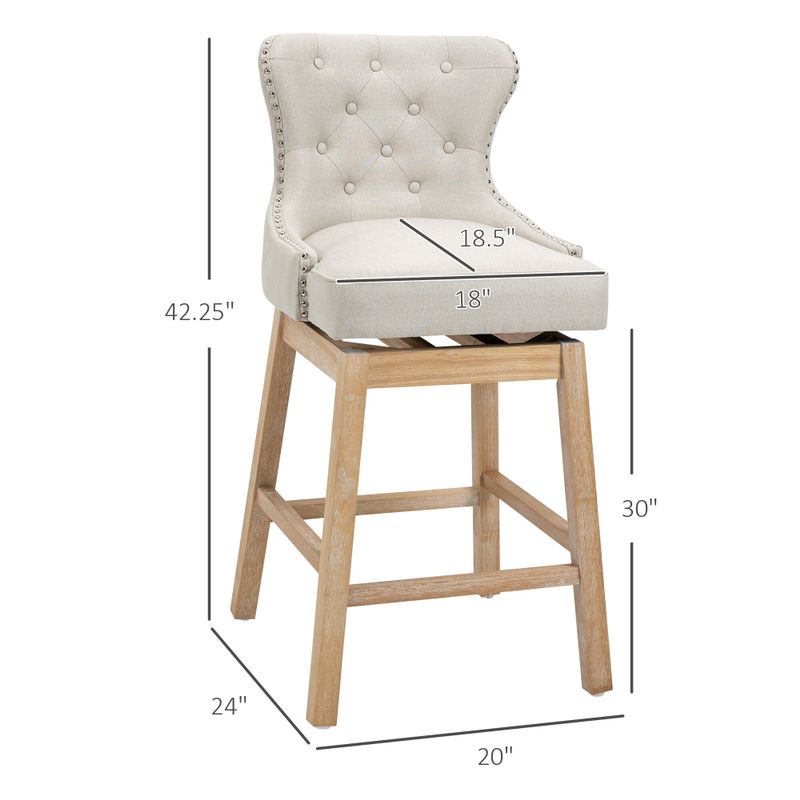 HOMCOM Upholstered Fabric Bar Height Bar Stools Set of 2, 180 Swivel Nailhead-Trim Pub Chairs, 30" Seat Height with Rubber Wood - Beige