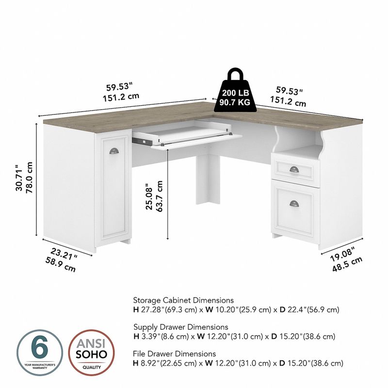 Fairview 60W L Shaped Desk with Drawers and Cabinet by Bush Furniture - Shiplap Gray/Pure White