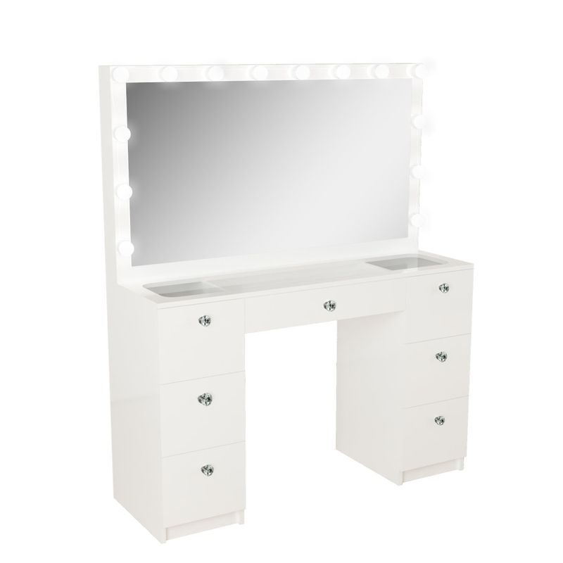 Boahaus Yara Lighted Vanity with Glass Top (White) - White-Crystal Ball Knobs