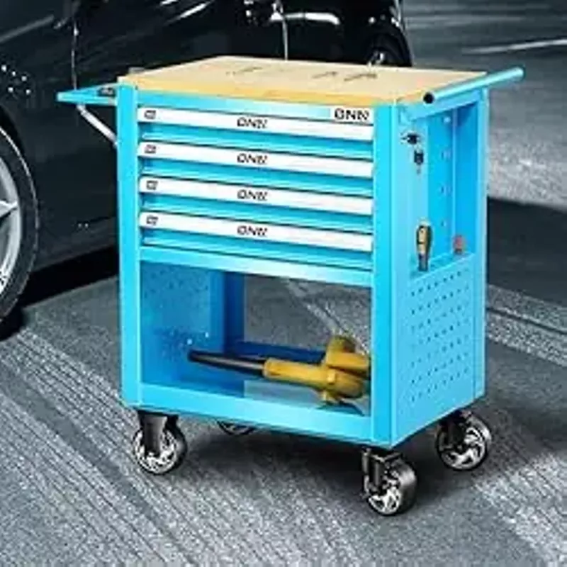 DNA MOTORING 30" W X 37" H X 18" D Large Capacity 4-Drawer Chest Rolling Tool Cart Locking Swivel Cabinet with Keys, Blue, TOOLS-00484