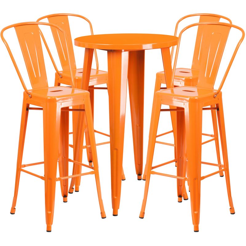 24'' Round Metal Indoor-Outdoor Bar Table Set with 4 Cafe Stools - 24"W x 24"D x 41"H - Orange