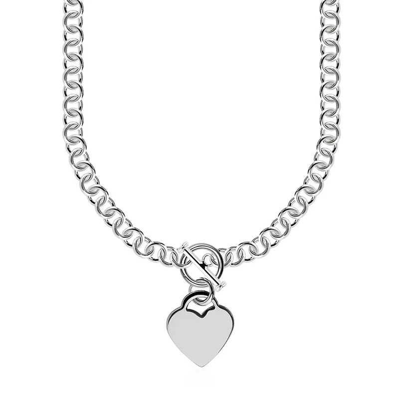 Sterling Silver Rolo Chain with a Heart Toggle Charm and Rhodium Plating (18 Inch)