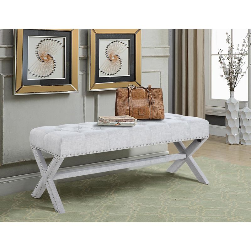 Chic Home Dianna Updated Neo Traditional Polished Nailhead Tufted Linen X Bench - Beige