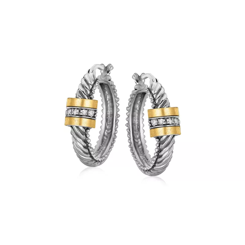 18k Yellow Gold and Sterling Silver Diamond Italian Cable Style Hoop Earrings