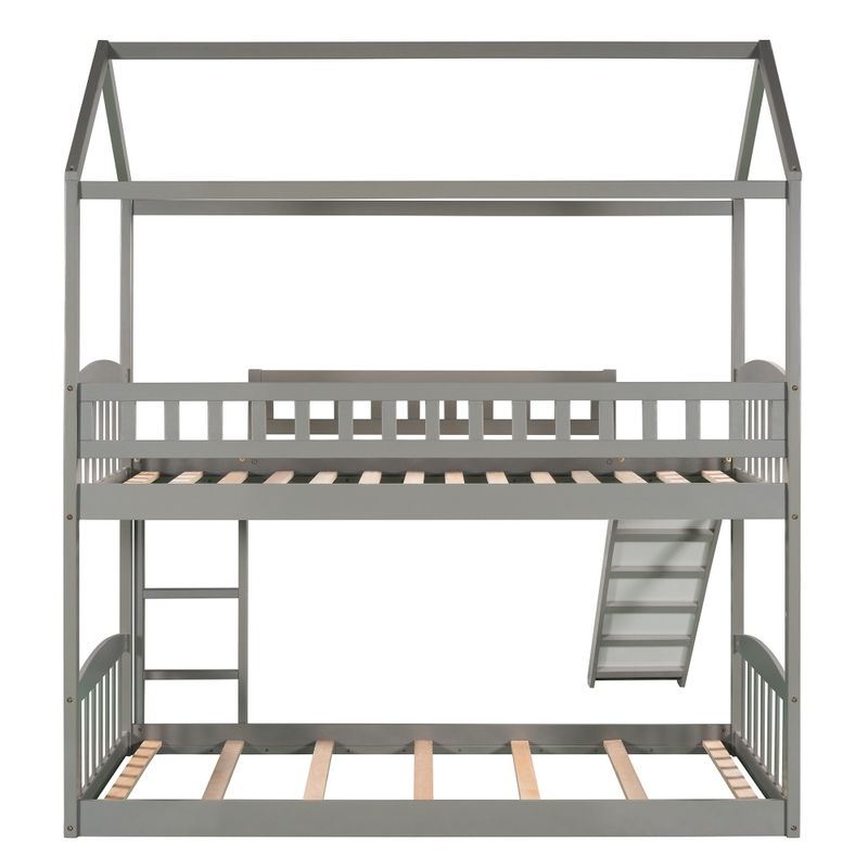 Twin Over Twin Bunk Bed with Slide, House Bed with Slide - Grey