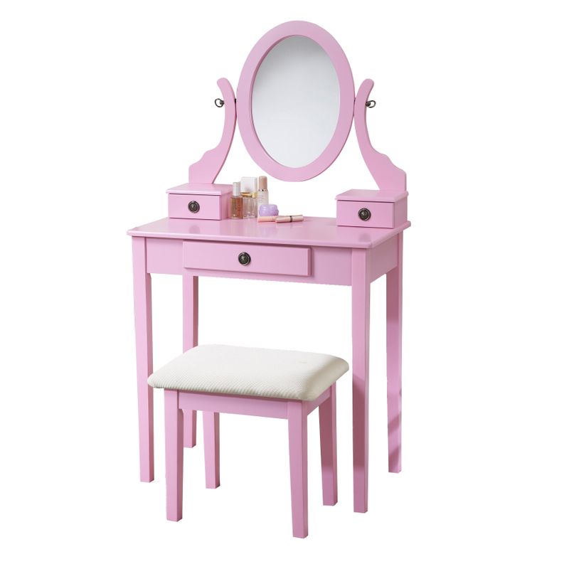 Roundhill Furniture Moniys Wood Moniya Makeup Vanity Table and Stool Set - Pink