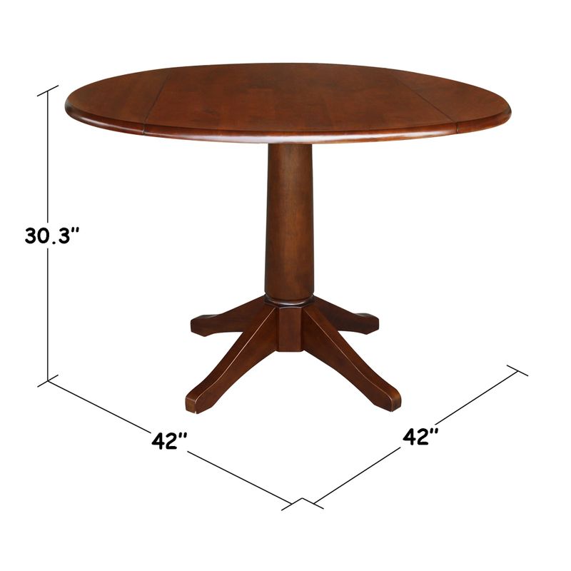 42 in. Round Top Dual Drop Leaf Pedestal Dining Table - Dining Height - Hickory/Washed Coal