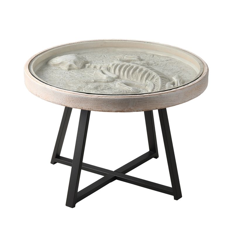 COSIEST Outdoor Coffee Table with Glass Top, Dinosaur Bones Fossil Display - Black/White