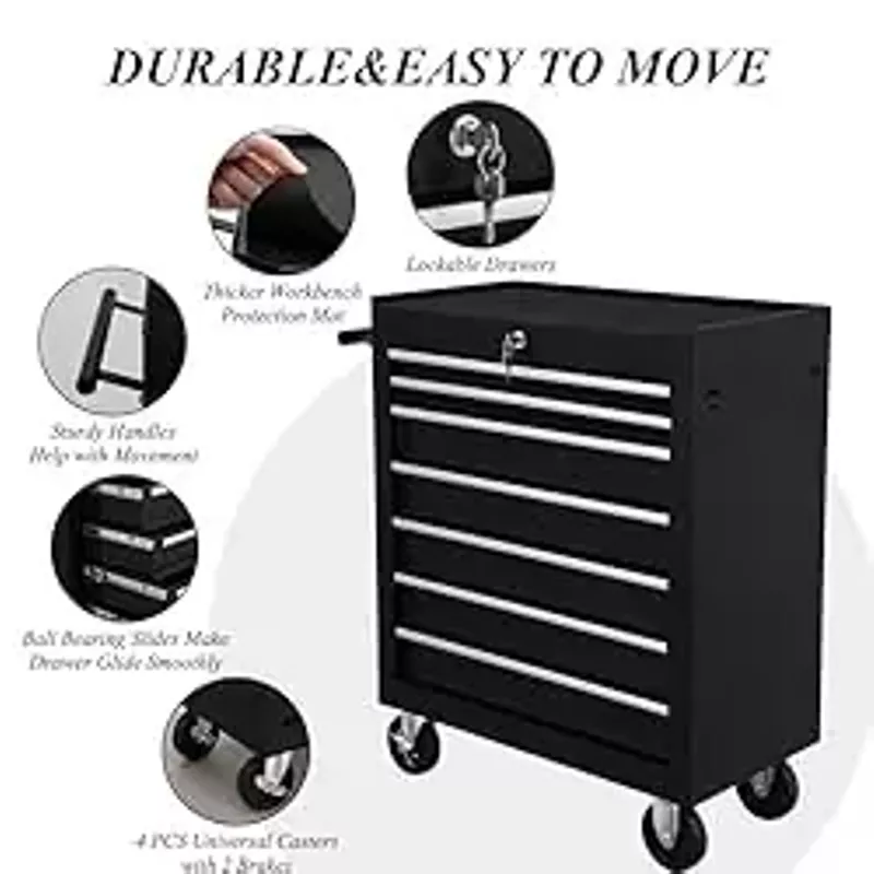 Tool Cart With Drawers,7 Drawers Locking Rolling Tool Chest with Wheels,Mechanic Tool Cabinets for Garage,Large Black Tool Box for Warehouse,Repair Shop