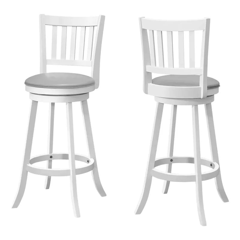 Bar Stool/ Set Of 2/ Swivel/ Bar Height/ Wood/ Pu Leather Look/ White/ Grey/ Transitional