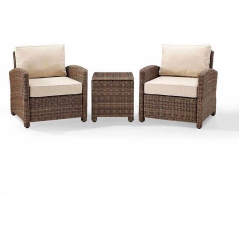 Crosley Furniture Bradenton 3-Piece Outdoor Wicker Conversation Set with Sand Cushions - Two Arm Chairs & Side Table