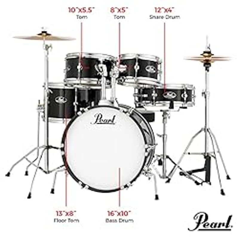 Pearl Roadshow Jr. 5 piece Drum Set w/Hardware and Cymbals, Jet Black