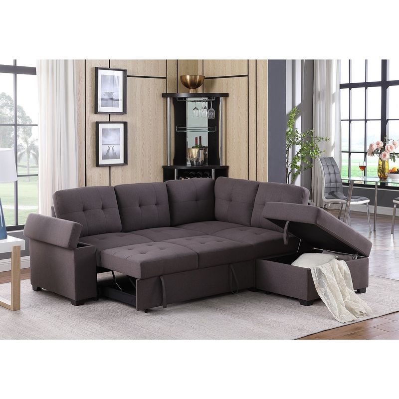 Woven Fabric Sleeper Sofa with Storage Ottoman and Storage Arm - Brown