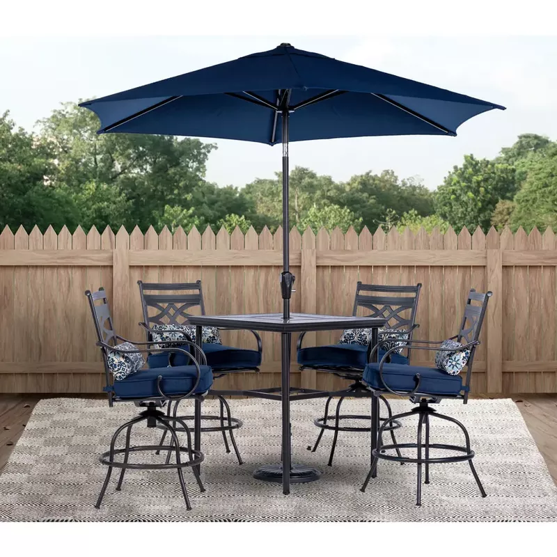 Montclair 5pc High Dining: 4 Swivel Chairs, 33" Square High Table, Umbrella & Base