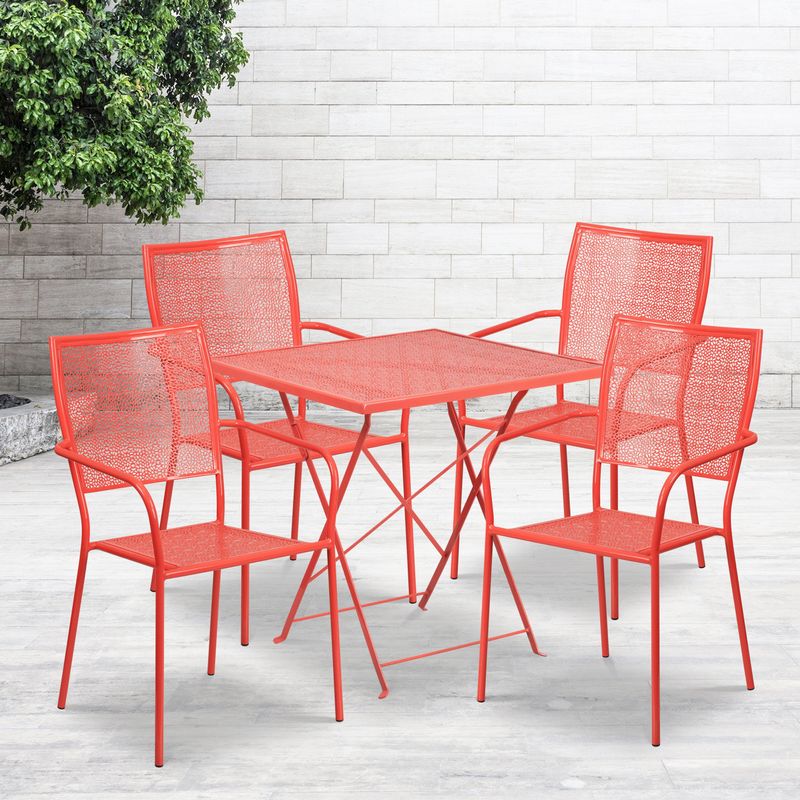 28'' Square Indoor-Outdoor Folding Patio Table Set with 4 Square Back Chairs - Coral