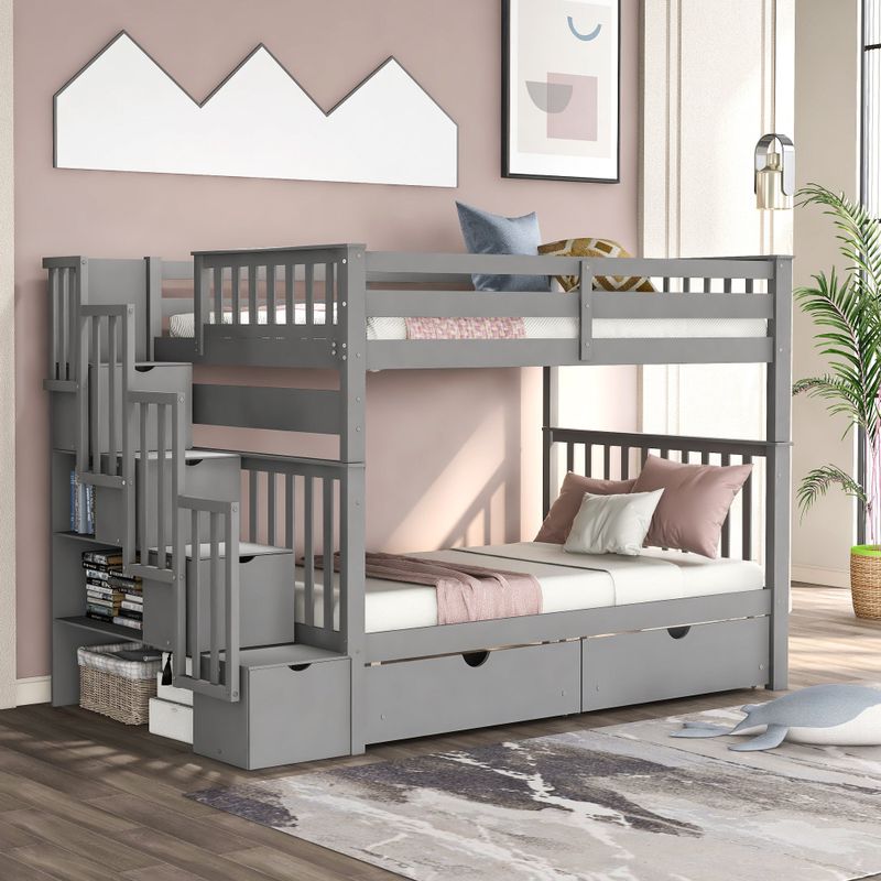 Full Over Full Bunk Bed with Shelves and 6 Storage Drawers - Grey