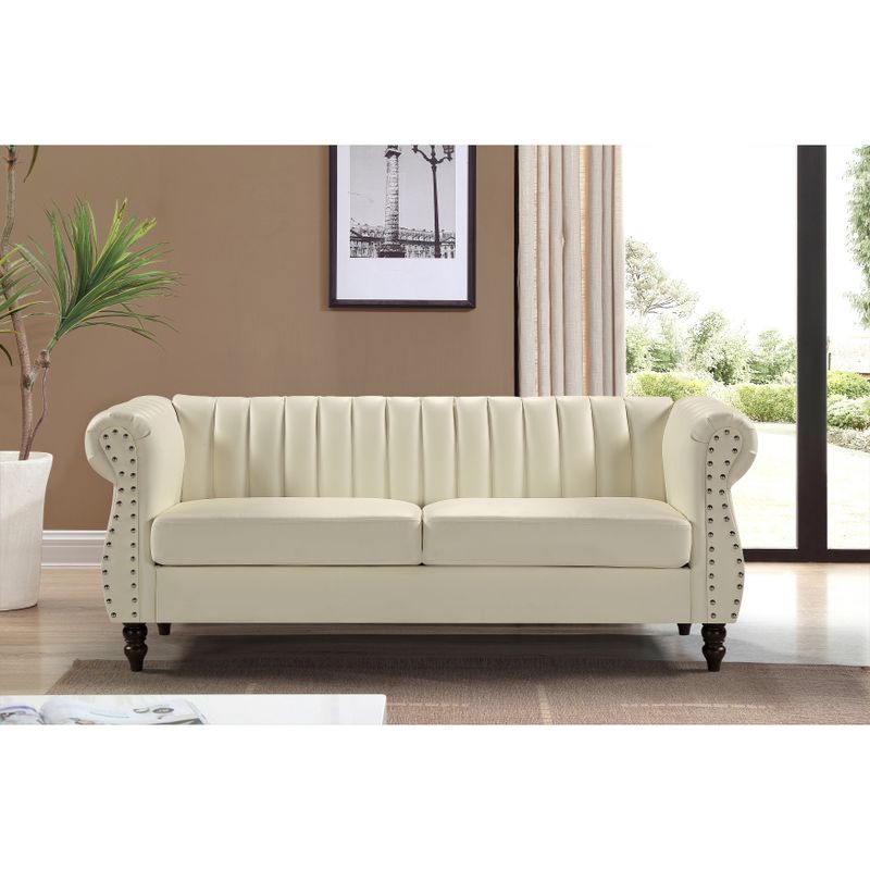 Capri Faux Leather Chesterfield Rolled Arm Sofa - Gream White