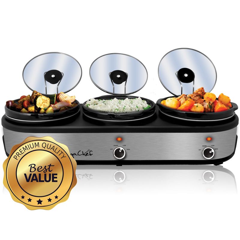 MegaChef Buffet Server Slow Cooker with Triple 2.5 Quart Cooking Pots - Silver