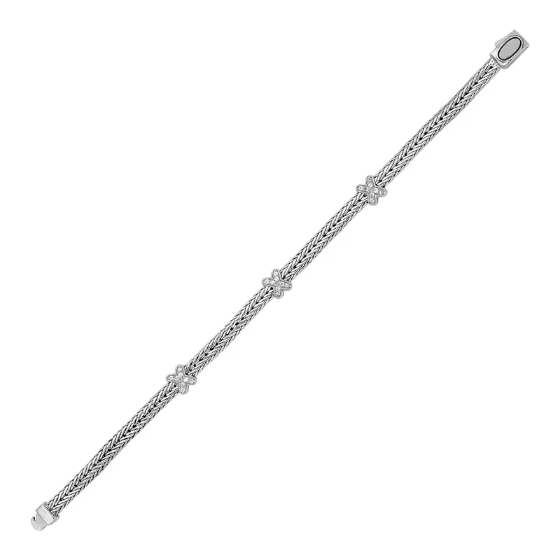 Woven Rope Bracelet with White Sapphire X Accents in Sterling Silver (7.25 Inch)