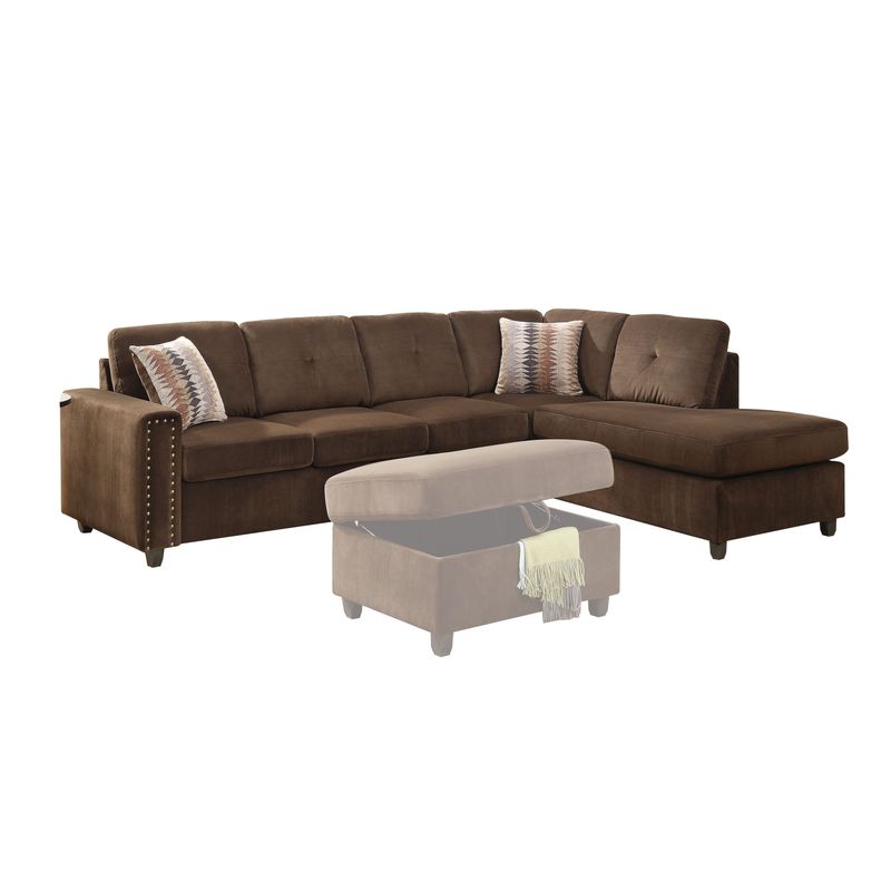 Acme Furniture Belville Sectional Sofa with Pillows (Reversible) - Sectional Sofa, Chocolate Velvet