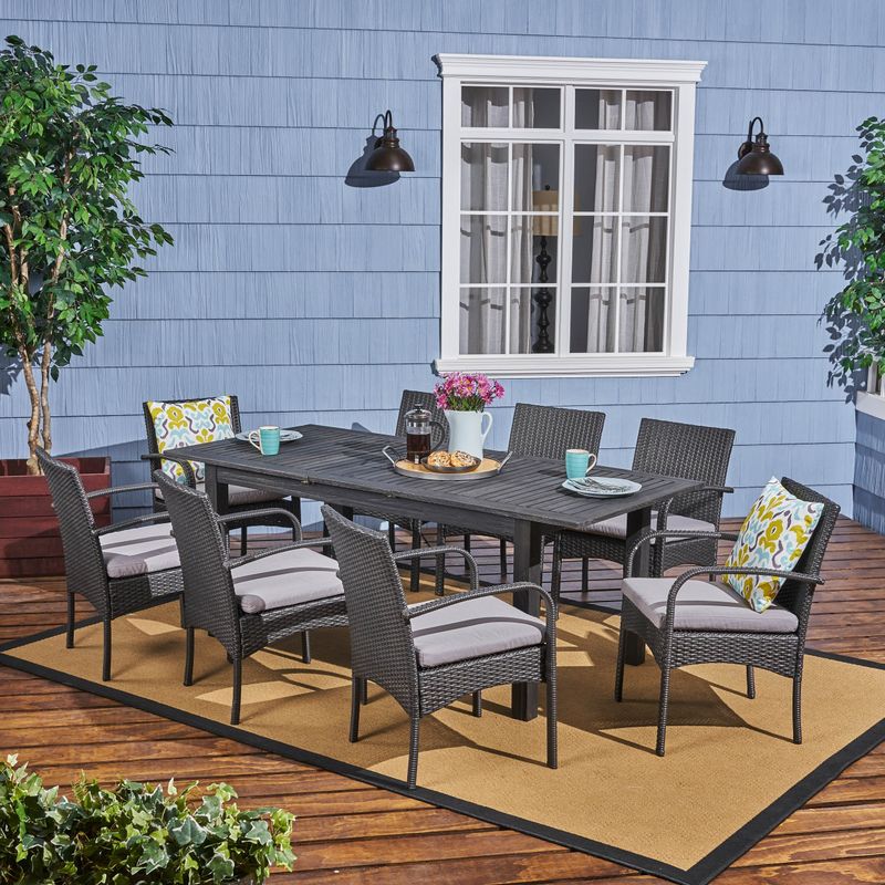 Elmar 9-pc. Outdoor Wood/Wicker Extending Dining Set by Christopher Knight Home - dark gray finish + gray cuhsion
