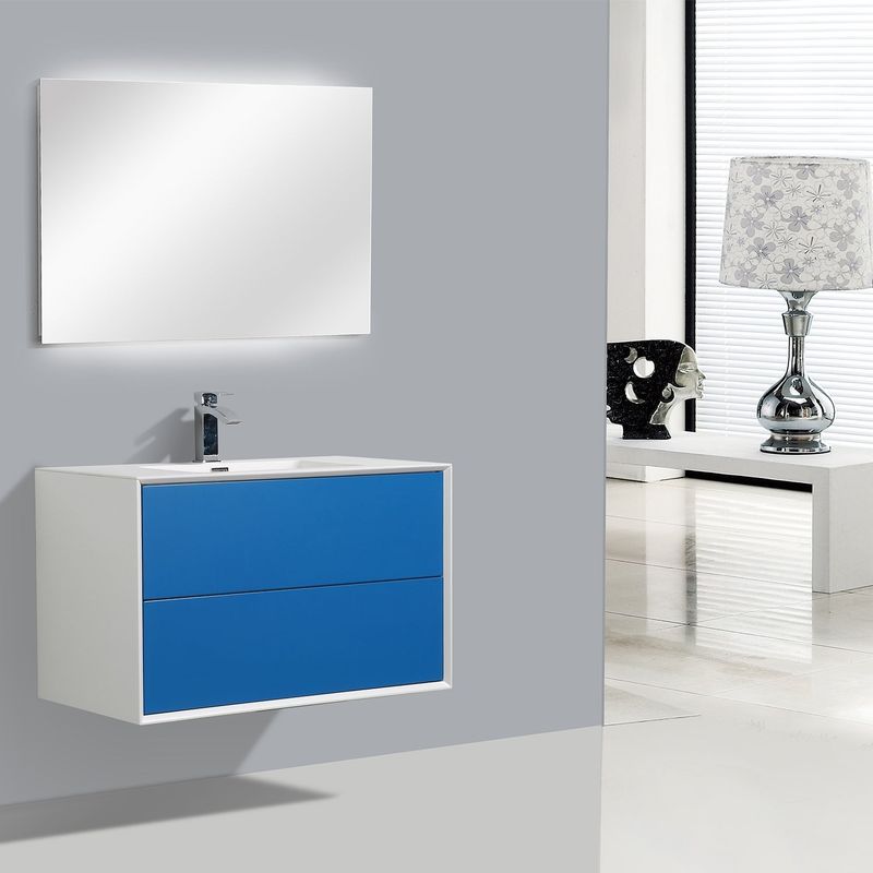 Eviva Vienna 36 inch Blue with White Frame Wall Mount Bathroom Vanity with White Integrated Acrylic Top - Blue - Wall Cabinet - Modern...