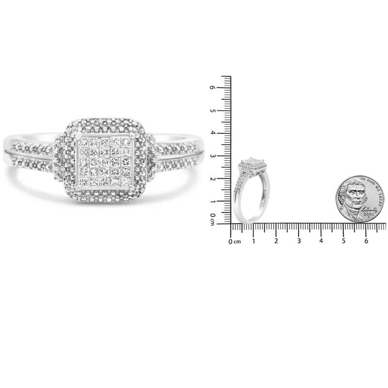 .925 Sterling Silver 1/4 Cttw Princess-cut Diamond Composite Ring with Beaded Halo (H-I Color, SI1-SI2 Clarity) - Size 6