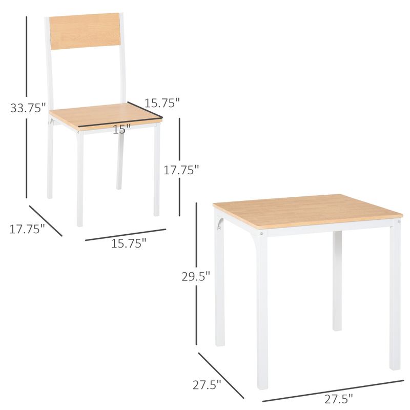 HOMCOM 3-Piece Wooden Square Dining Table Set with 1 Table and 2 Chairs and Sturdy Metal Frame, White - 27.5"x27.5"x29.5" - White