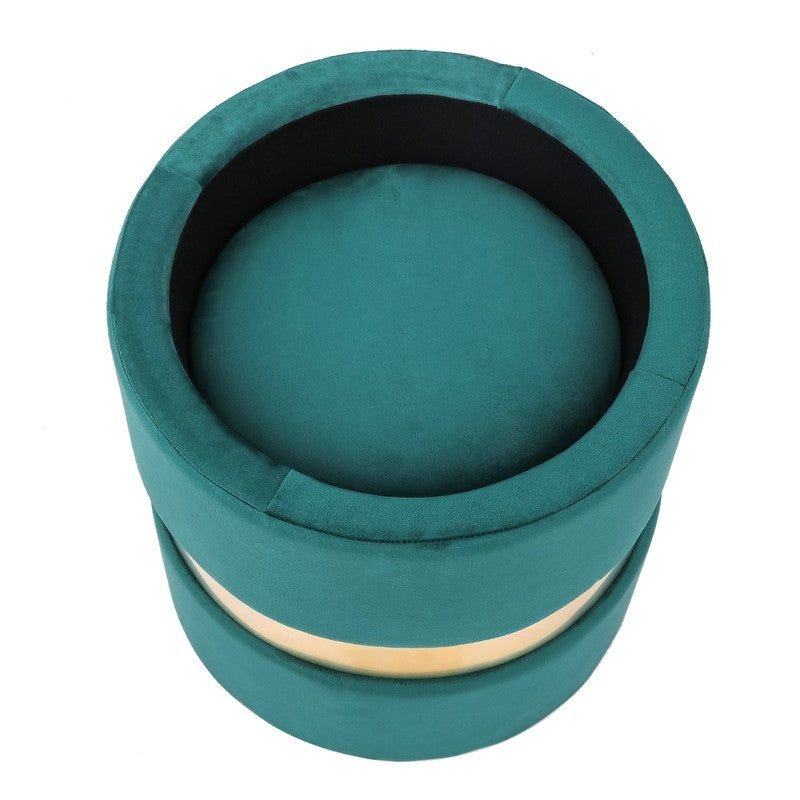 Adeco Set of 2 Velvet Storage Round Ottoman Foot Stool Metal Band - Teal