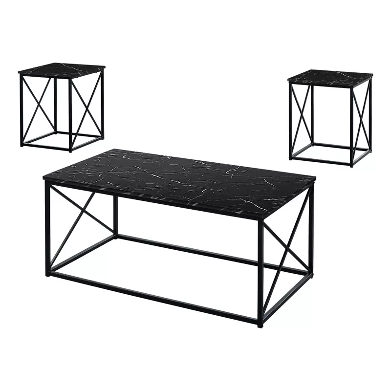 Table Set/ 3pcs Set/ Coffee/ End/ Side/ Accent/ Living Room/ Metal/ Laminate/ Black Marble Look/ Contemporary/ Modern
