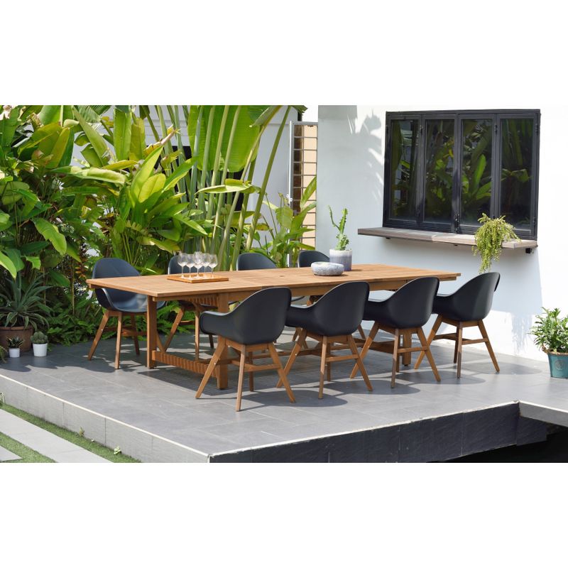 Amazonia Deluxe Hawaii White Wood 9-Piece Rectangular Patio Dining Set - Light Wood Finish & Black Chairs