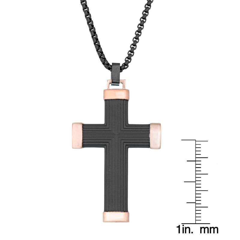Black Ion Plating Cross Pendant with Rose Ion Plating on 24" Black Round Box Chain