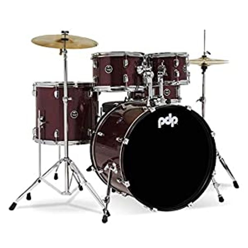 Pacific Drums Center Stage Complete Drumkit, 5 Drum Set, Ruby Red Sparkle, 7x10, 8x12, 14x16 Floor, 16x22 Kick, 5x14 Snare (PDCE2215KTRR)