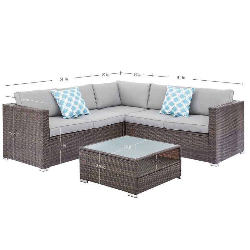 Grearden 4-Pieces Outdoor Wicker Sectional Sofa Set with Cushion - Grey
