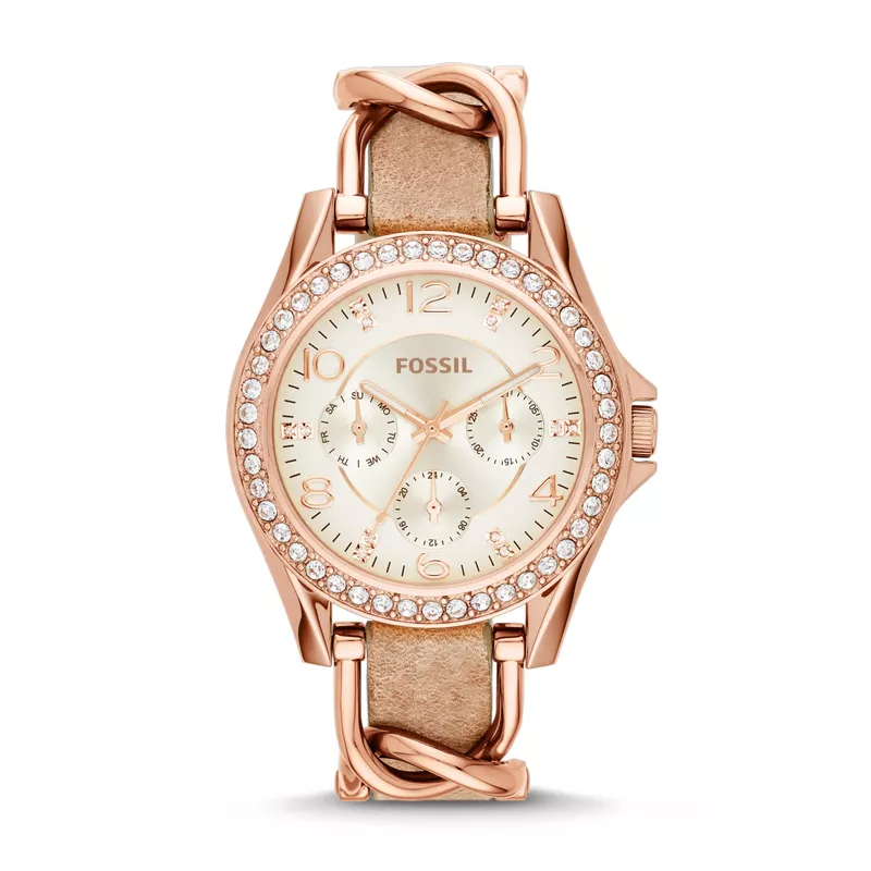 Fossil - Ladies Riley Rose Gold-Tone Crystal Leather Watch Beige Dial