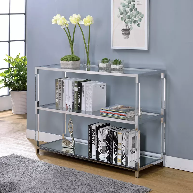 Contemporary Glass 2-Shelf Sofa Table in Chrome/Clear