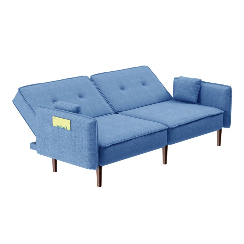 Convertible Futon Sofa Bed with Solid Wood Legs in Cotton Linen Fabric - Blue