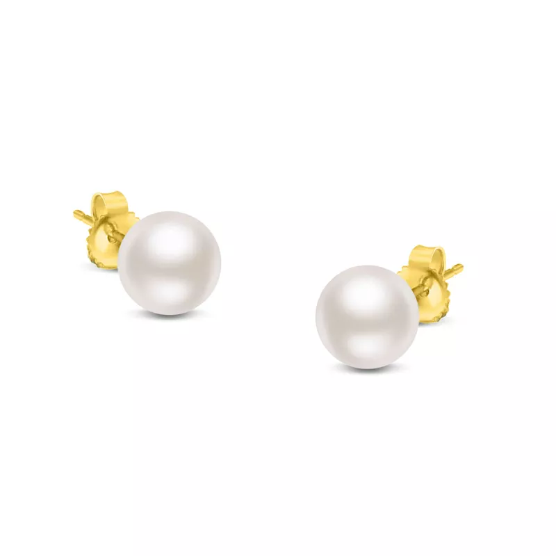 14K Gold Round Freshwater Akoya Cultured Pearl Stud Earrings AAA+ Quality - Choice of Metal Color & Pearl Size from 5MM to 8.5MM