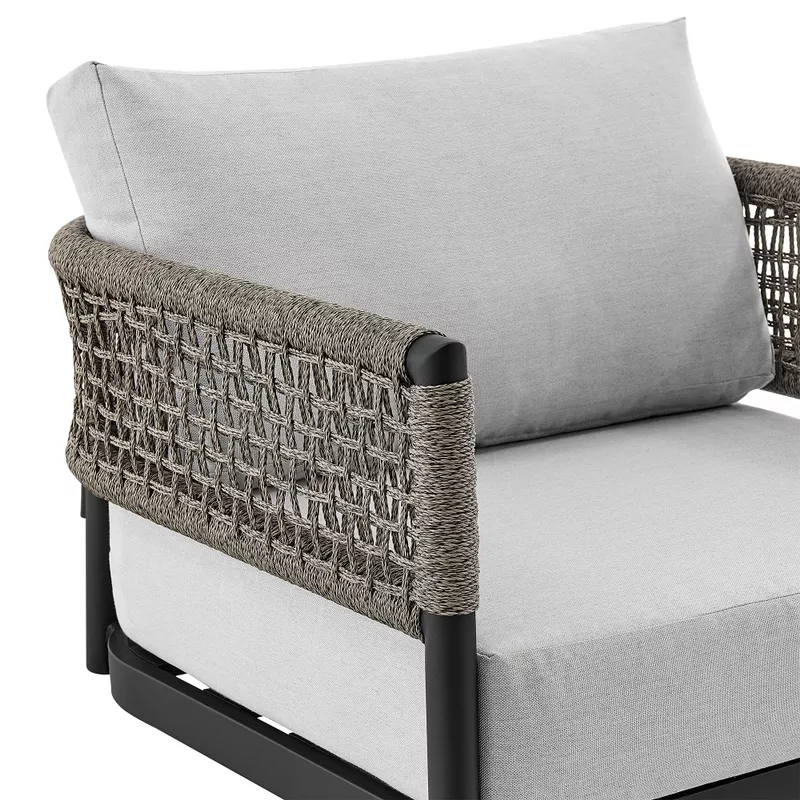 Felicia Outdoor Patio Swivel Rocking Chair in Black Aluminum and Grey Rope with Cushions