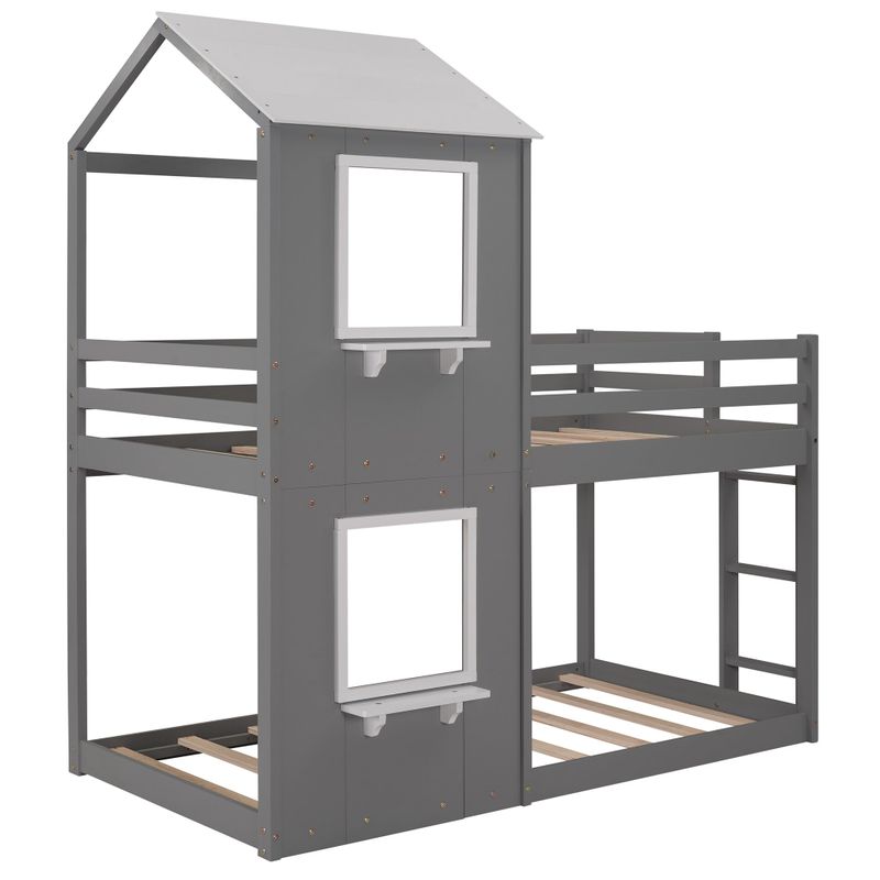 Nestfair Twin Over Twin Bunk Bed Wood Bed with Roof - Grey