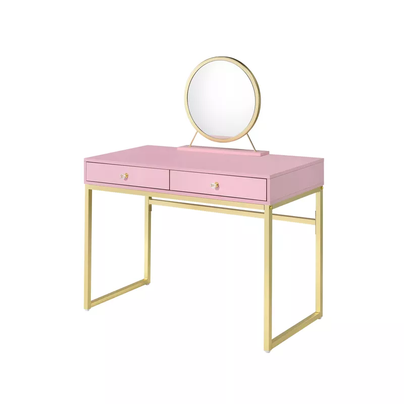ACME Coleen Vanity Desk w/Mirror & Jewelry Tray, Pink & Gold Finish