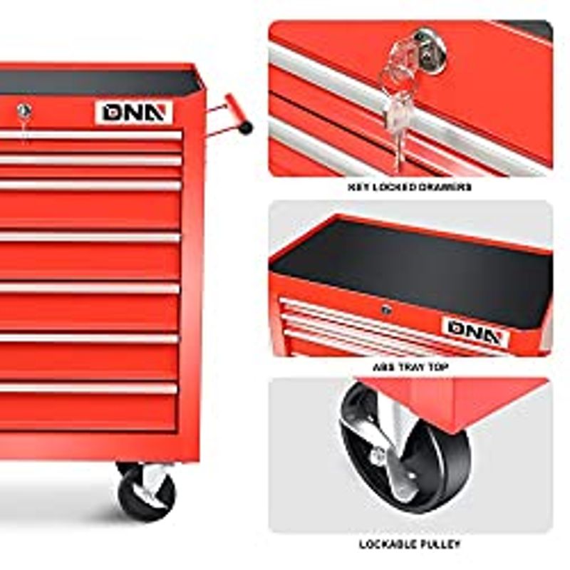 DNA MOTORING TOOLS-00264 7-Drawer Plastic Top Rolling Tool Cabinet with Keyed Locking System,27.55" L X 13" W X 30.31" H,Red