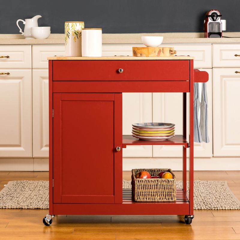 Glitzhome 35"H Modern Kitchen Island Cart with Rubber Wooden Top - Red