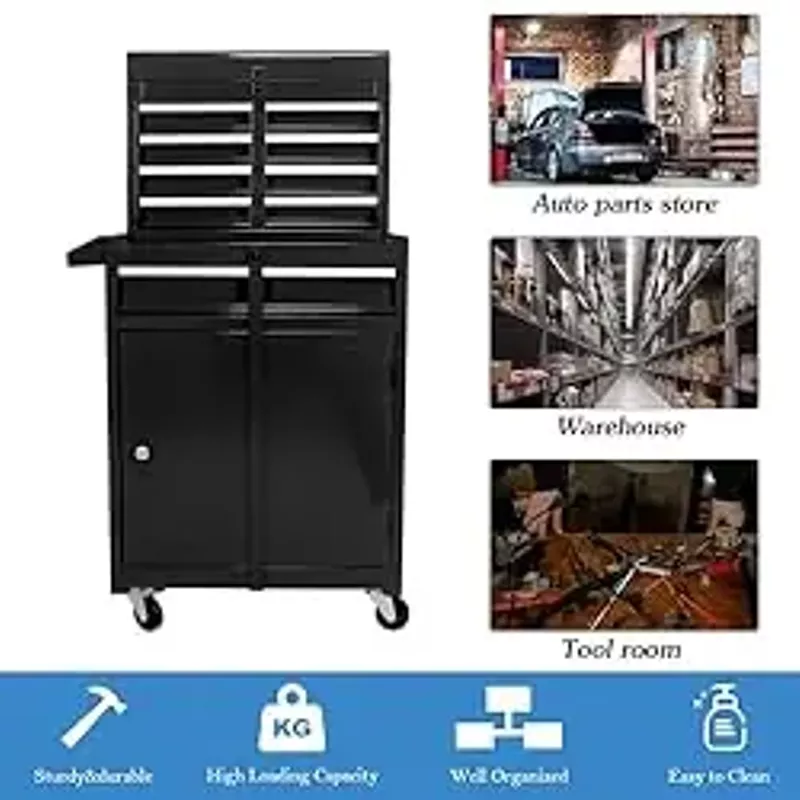 SumKea Wheels, Box, 5 Drawer Rolling Tool Chest and 2 Lockers, Detachable Storage Cabinet, for Garage Warehouse Workshop, Black