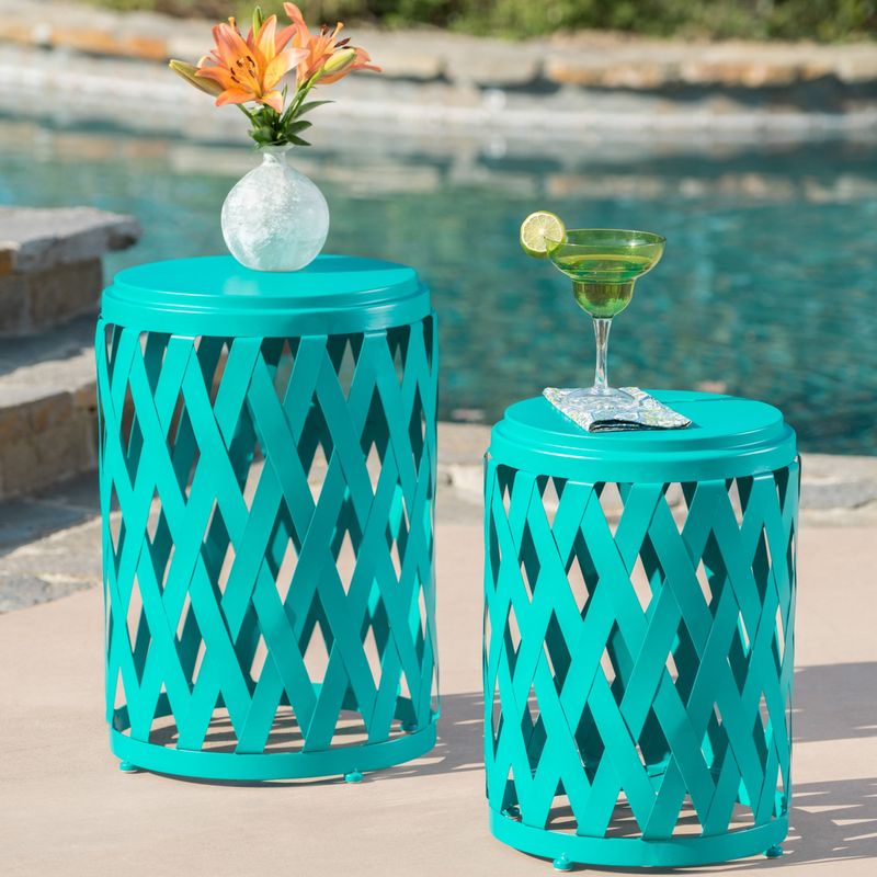 Selen Outdoor 12-inch and 14-inch Lattice Nested Side Table Set by Christopher Knight Home - Matte Teal