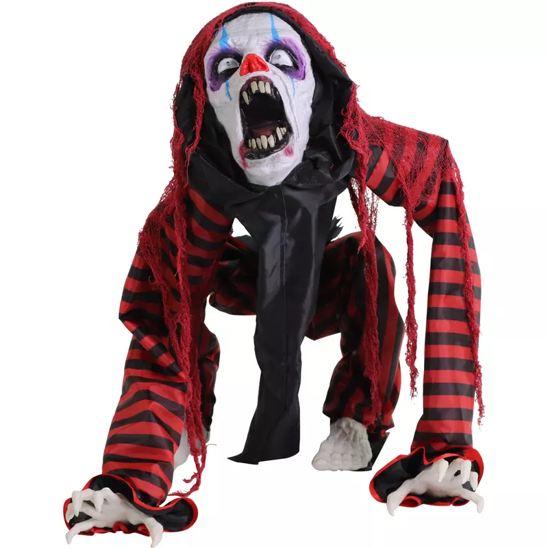 Animatronic Squatting Clown Dog with Movement, Sounds, and Light-Up Eyes for Scary Halloween Decoration