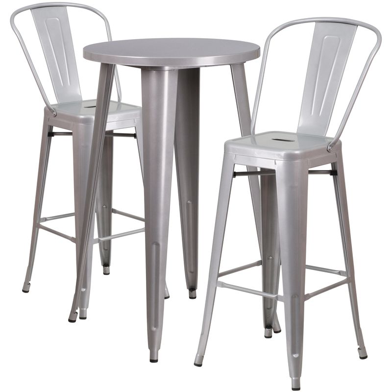 24'' Round Metal Indoor-Outdoor Bar Table Set with 2 Cafe Stools - 24"W x 24"D x 41"H - White