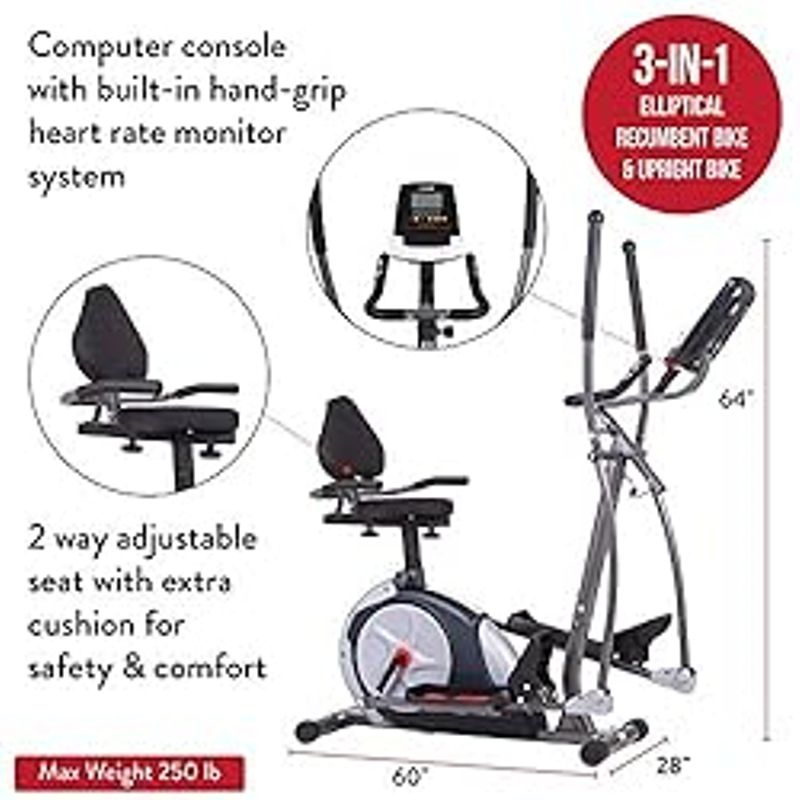 Body Champ 3-in-1 Home Gym, Upright Exercise Bike, Elliptical Machine & Recumbent Bike, Trio Trainer Exercise Machine Plus Two Upper Body...