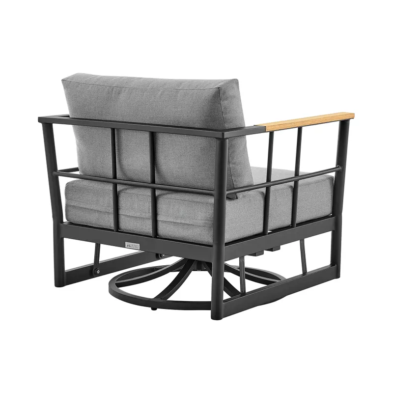 Shari Outdoor Patio Swivel Glider Lounge Chair in Black Aluminum and Teak Wood with Cushions